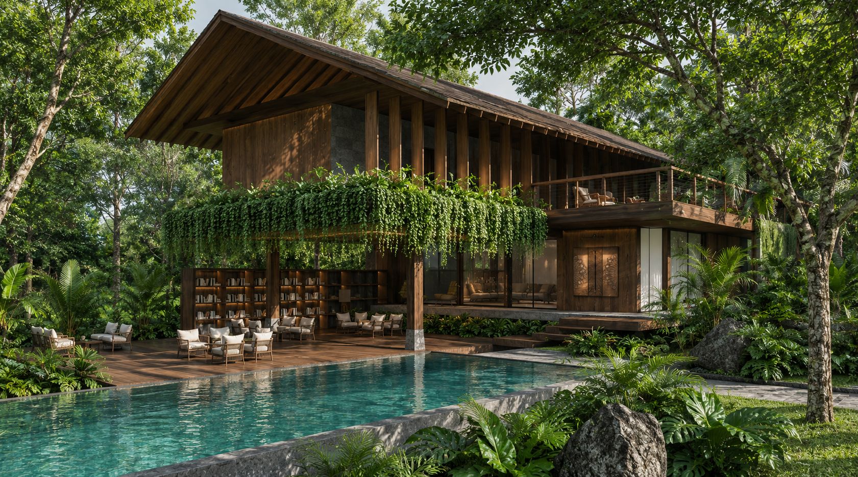 Polymath eco-resort, pool and library render
